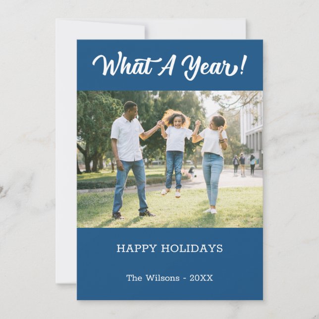 Tarjeta Festiva Qué Un Año Moderno 2 Foto Azul (Anverso)