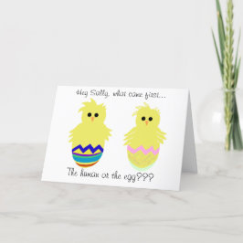 Tarjeta Festiva ¿Qué vino primero el humano o el huevo? Fun Easter