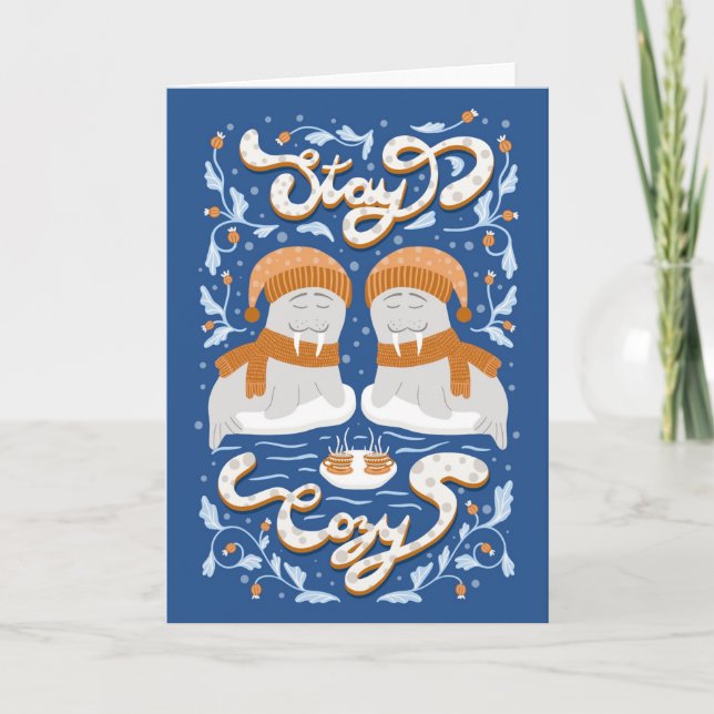 Tarjeta Festiva Quédese acogedor Walrus de los Navidades de animal (Anverso)