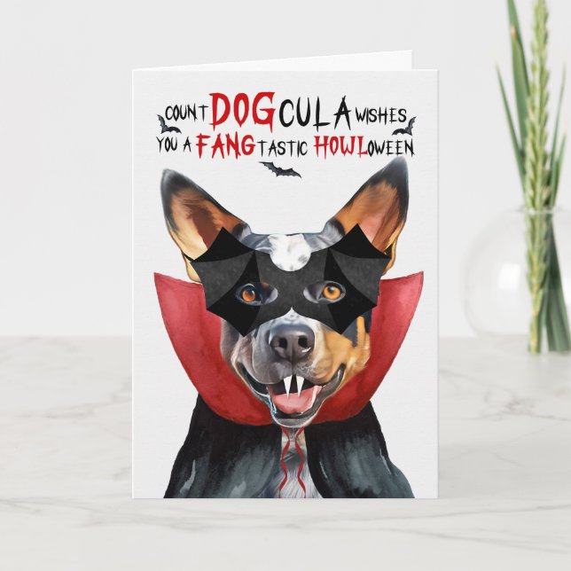 Tarjeta Festiva Queensland Heeler Dog Count DOGcula Halloween (Anverso)