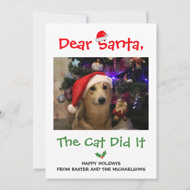 Tarjeta Festiva Querido Papá Noel, El Gato Lo Hizo Graciosa Foto M (Anverso)