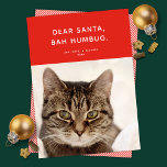 Tarjeta Festiva Querido Santa, Bah Humbug. Fotos divertidas de vac<br><div class="desc">Esta linda y divertida tarjeta de fotos de vacaciones incluye un fondo rojo festivo, un simple tipo blanco y una sola foto. El saludo dice "Querido Santa, Bah Humbug." ¡Este diseño también sería perfecto como una tarjeta de bebé gorda! El motor presenta un sencillo patrón de rayas diagonales rojas y...</div>