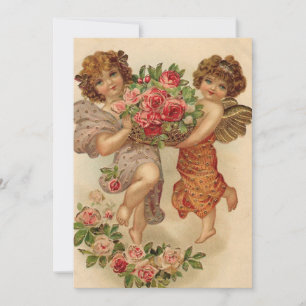 Tarjeta Festiva Querubines antiguos de San Valentín sosteniendo fl
