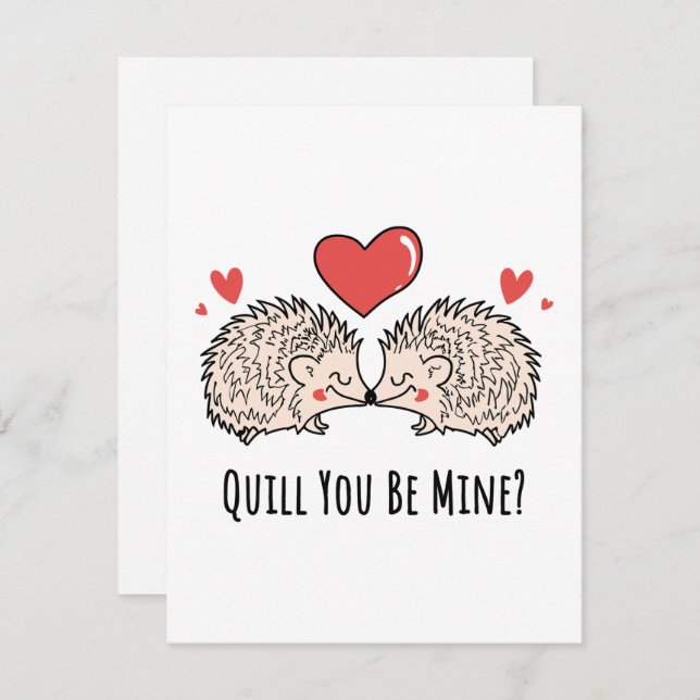 Tarjeta Festiva Quill You Be Mine: Hedgehog Love Couple Kiss (Anverso / Reverso)