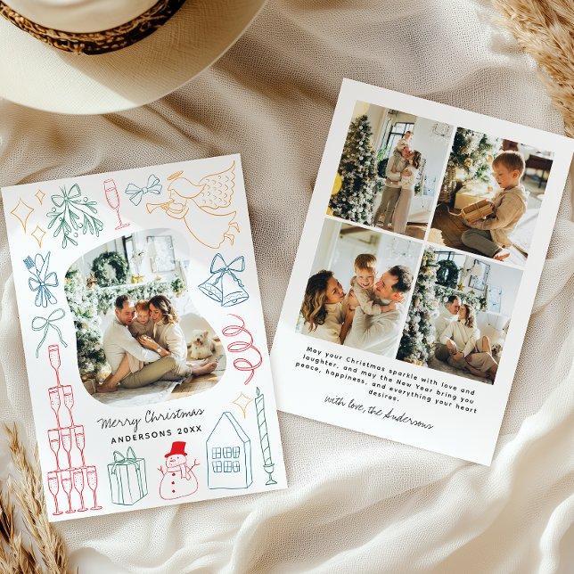 Tarjeta Festiva Quirky Colorful Christmas Photo Hand drawn Doodle (Subido por el creador)