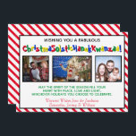 Tarjeta Festiva Quirky Divertido Tres Fotografías Inclusivas Whims<br><div class="desc">Esta divertida y peculiar tarjeta navideña contiene tres fotos y una leyenda humorística políticamente correcta que dice "¡Deseándote una fabulosa ChristmaSolsticHanukKwanzaa!" - que combina las palabras Navidades, Solstice, Hanukkah y Kwanzaa en una larga y divertida palabra. El fondo es rojo y blanco, con franjas de caramelo, y hay un mensaje...</div>