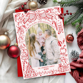 Tarjeta Festiva Quirky Hand Drawn Bow Pink and Red Photo Christmas