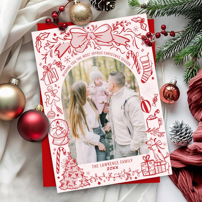 Tarjeta Festiva Quirky Hand Drawn Bow Pink and Red Photo Christmas (Bright colorful pink and red Christmas doodles hand drawn scribble illustration 2 photo holiday card)