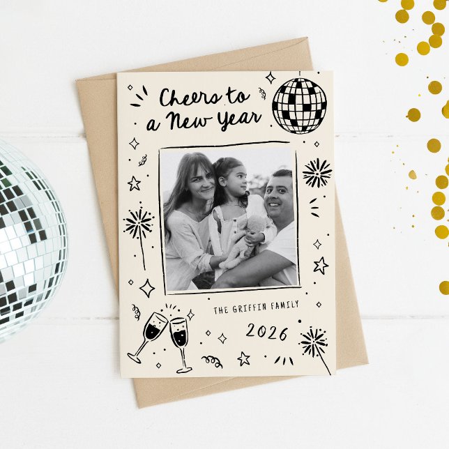 Tarjeta Festiva Quirky Hand-Drawn Doodles New Year Photo Black (quirky hand-drawn New Year's card doodles)