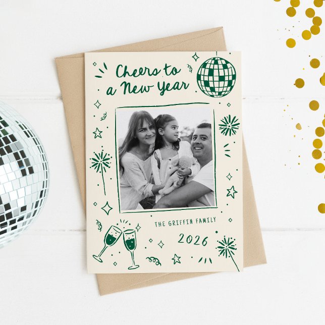 Tarjeta Festiva Quirky Hand-Drawn Doodles New Year Photo Green (quirky hand-drawn New Year's card doodles)