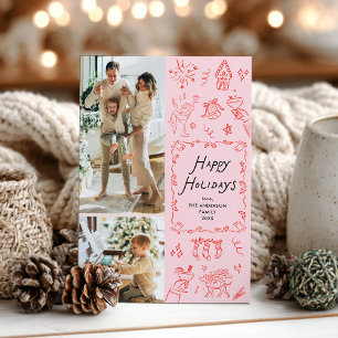 Tarjeta Festiva Quirky Happy Holidays mano dibujada Red Pink 2 Pho