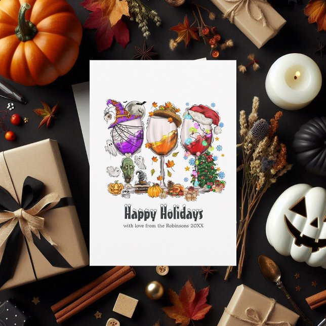 Tarjeta Festiva Quirky Holiday Collage Wine Glasses Saludo (Quirky Holiday Collage Wine Glasses Greeting Card)