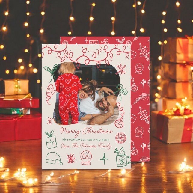 Tarjeta Festiva Quirky ilustracion verde rojo Navidades de fotos d (Quirky red green illustration fun photo Christmas Holiday Card)