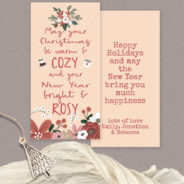 Tarjeta Festiva Quirky Text Florines Navidades acogedores Rosy Año (Front and back view)