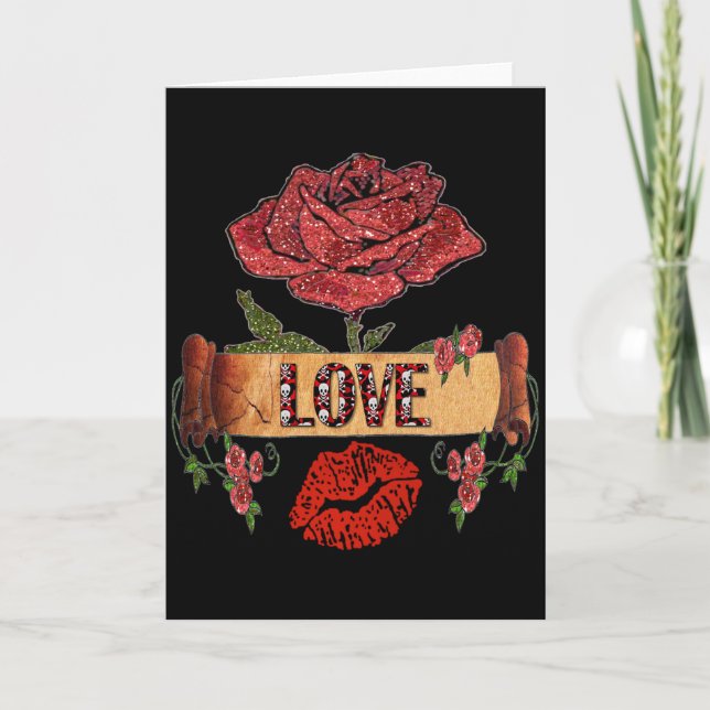 Tarjeta Festiva RAB Rockabilly Valentine Rosas, Love & Lipstick (Anverso)