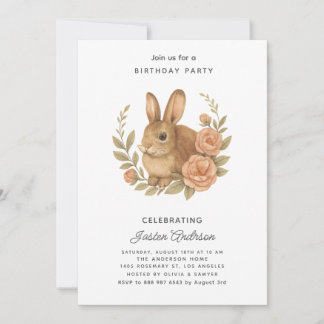 Tarjeta Festiva Rabbit and Pink Flowers Birthday Party Invitation