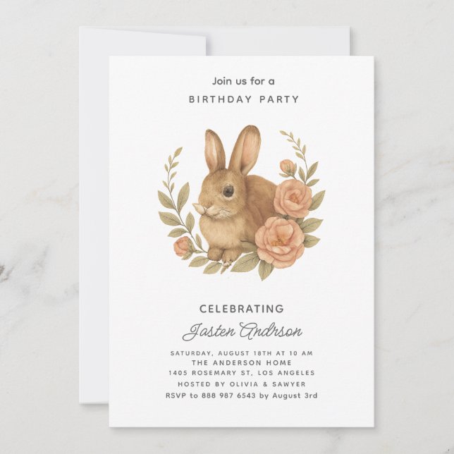 Tarjeta Festiva Rabbit and Pink Flowers Birthday Party Invitation (Anverso)
