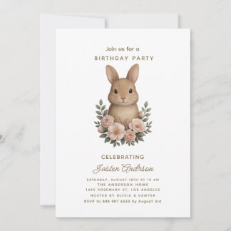 Tarjeta Festiva Rabbit and Pink Flowers Birthday Party Invitation