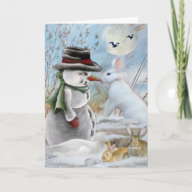 Tarjeta Festiva Rabbit comiendo la nariz de Snowman (Anverso)