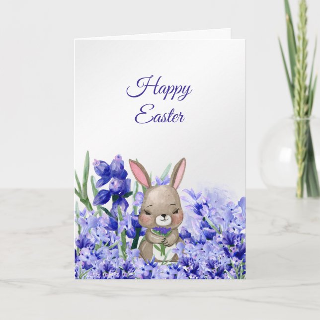 Tarjeta Festiva Rabbit Purple Floral Watercolor Pascua (Anverso)