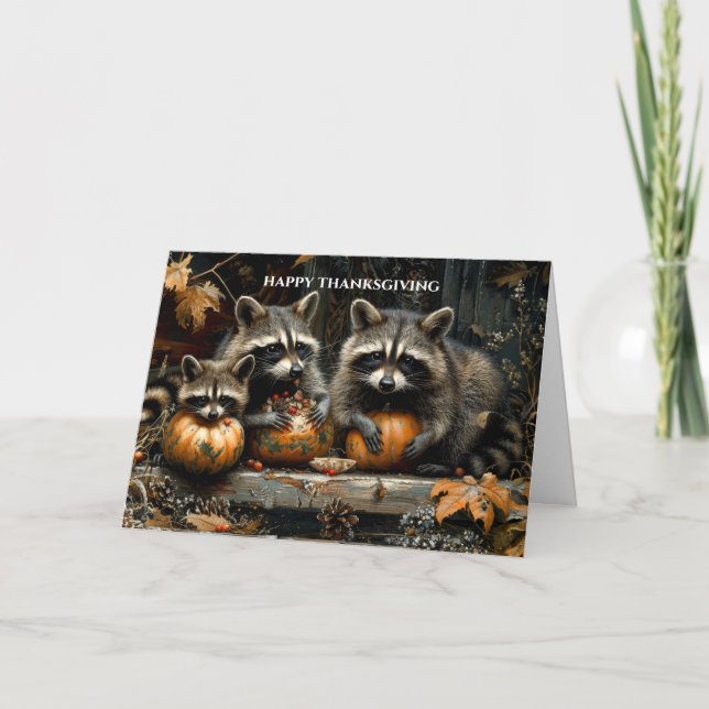 Tarjeta Festiva Racconones y calabazas de otoño (Anverso)