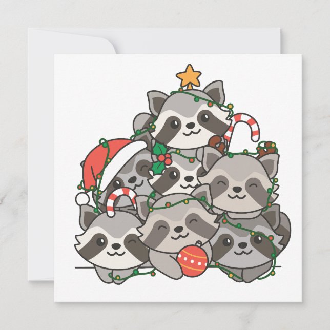 Tarjeta Festiva Raccoon Christmas Tree Navidades animales divertid (Anverso)