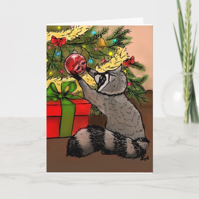 Tarjeta Festiva Raccoon de vacaciones brillante (Anverso)