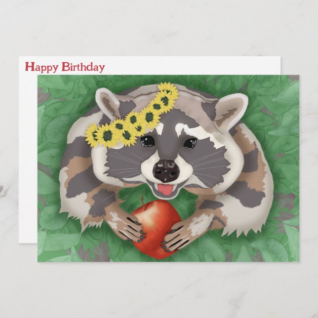 Tarjeta Festiva Raccoon en una corona de girasoles (Anverso / Reverso)