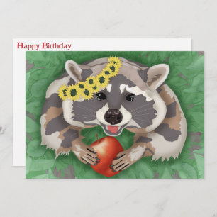 Tarjeta Festiva Raccoon en una corona de girasoles