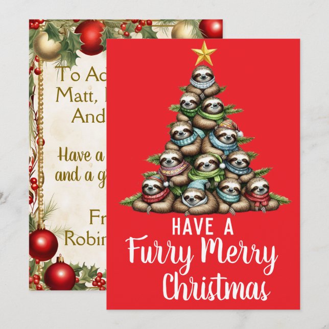 Tarjeta Festiva Raccoon Furry Merry Christmas Tree (Anverso / Reverso)