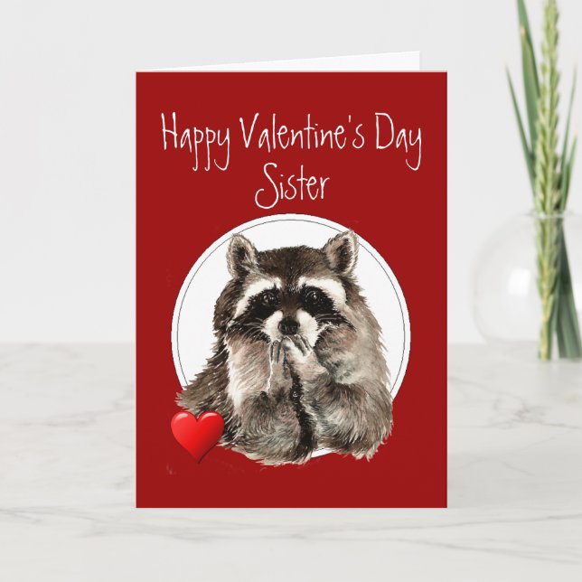 Tarjeta Festiva Raccoon lindo besando a hermana Valentina (Anverso)