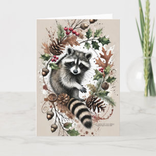 Tarjeta Festiva Raccoon Rústico Cones Holly Berries Acorns 2