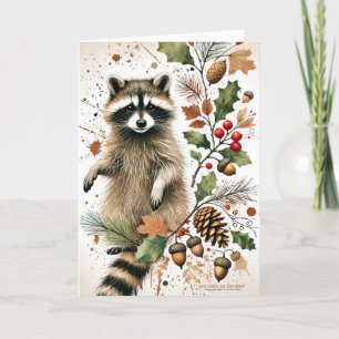 Tarjeta Festiva Raccoon Rústico Pine Cones Holly Berries Acorns