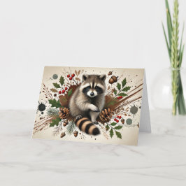 Tarjeta Festiva Raccoon Rústico Pine Cones Holly Berries Acorns 4