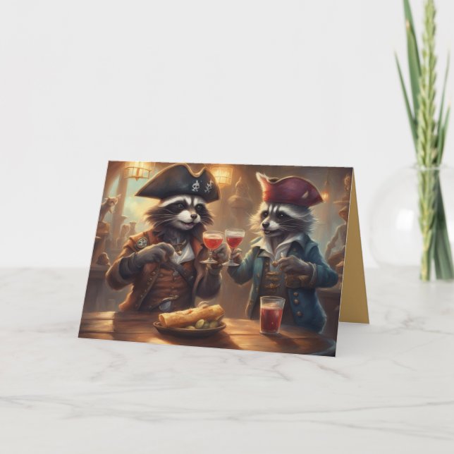 Tarjeta Festiva Raccoons in a bar celebrating Happy Birthday (Anverso)