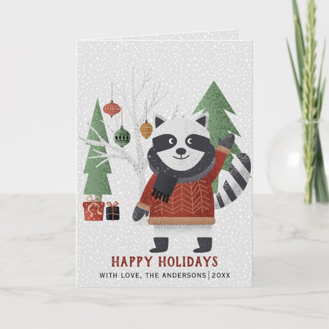 Tarjeta Festiva Racoon de invierno y Navidades de árboles foto dob (Anverso)