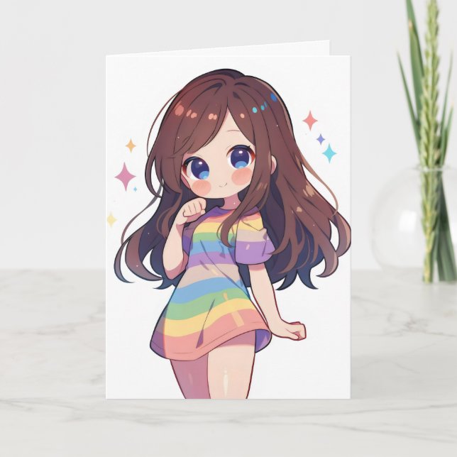 Tarjeta Festiva Rainbow Chibi Anime Chica (Anverso)