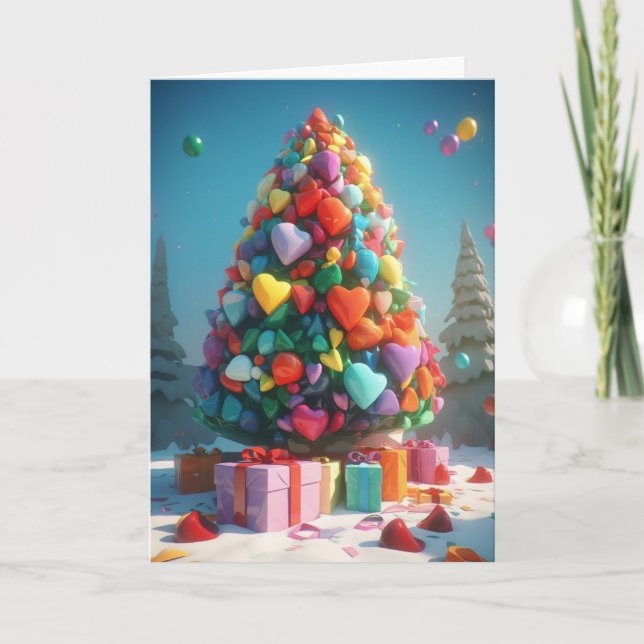 Tarjeta Festiva Rainbow Hearts on the Christmas Tree Card (Anverso)