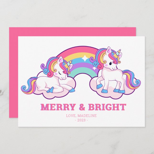 Tarjeta Festiva Rainbow Unicorn Navidades merry y brillantes (Anverso / Reverso)