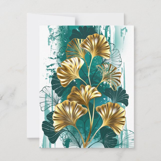 Tarjeta Festiva Rama con hojas doradas Ginko Biloba (Anverso)