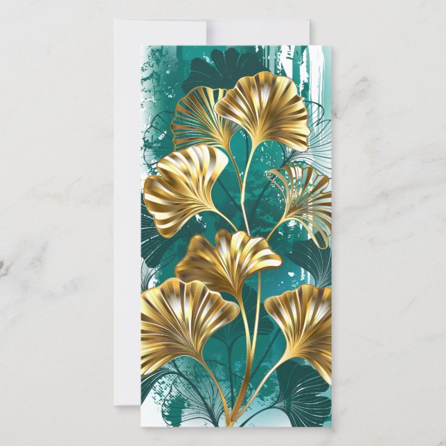 Tarjeta Festiva Rama con hojas doradas Ginko Biloba (Anverso)
