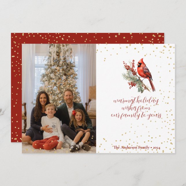 Tarjeta Festiva Rama de Acebo Cardenal de Invierno con Acuarela Rú (Anverso / Reverso)