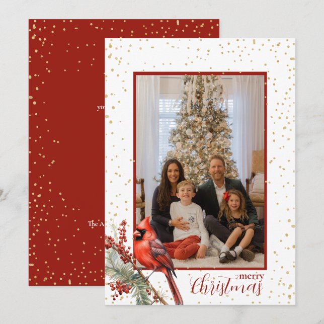 Tarjeta Festiva Rama de Acebo Cardenal de Invierno con Acuarela Rú (Anverso / Reverso)