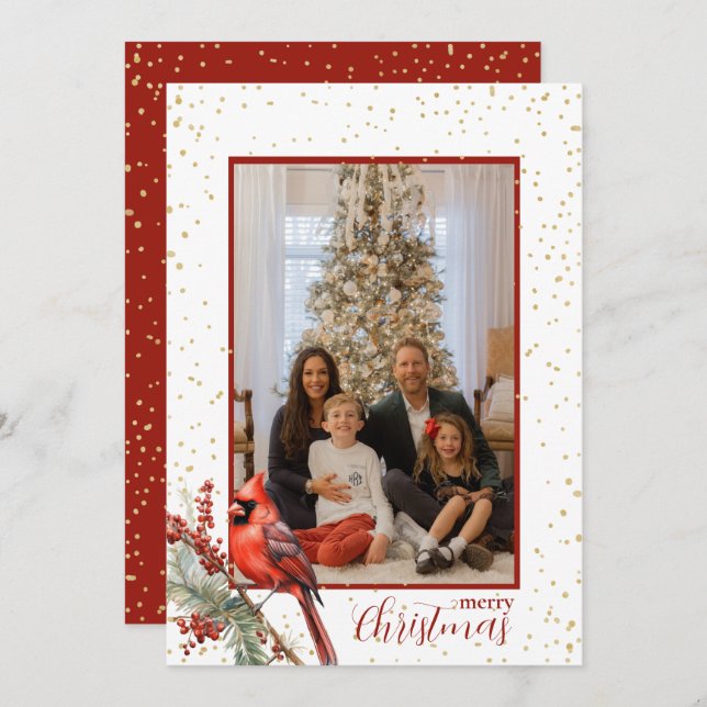 Tarjeta Festiva Rama de Acebo Cardinal Invernal Acuarela Rústica (Anverso / Reverso)