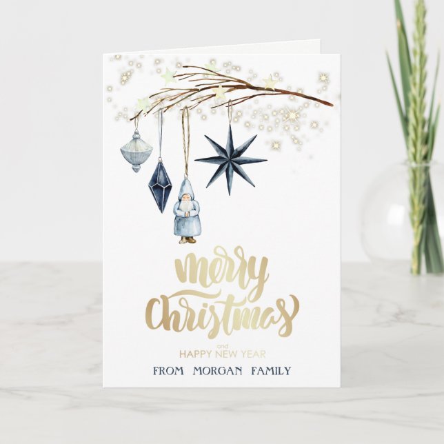 Tarjeta Festiva Rama de árbol, bolas, Papá Noel, estrellas (Anverso)
