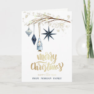 Tarjeta Festiva Rama de árbol, bolas, Papá Noel, estrellas