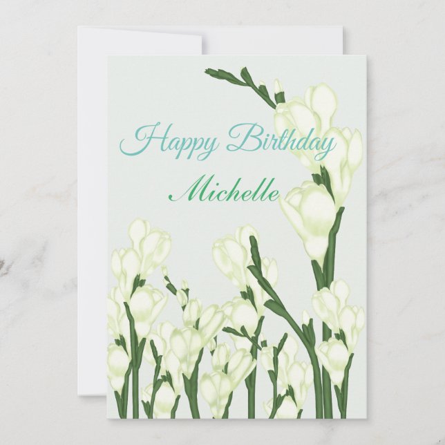 Tarjeta Festiva Rama de Freesia blanca. (Anverso)