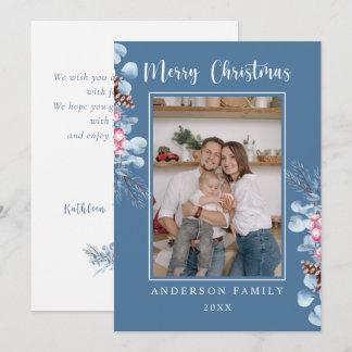 Tarjeta Festiva Rama de pino acuarela familia foto azul