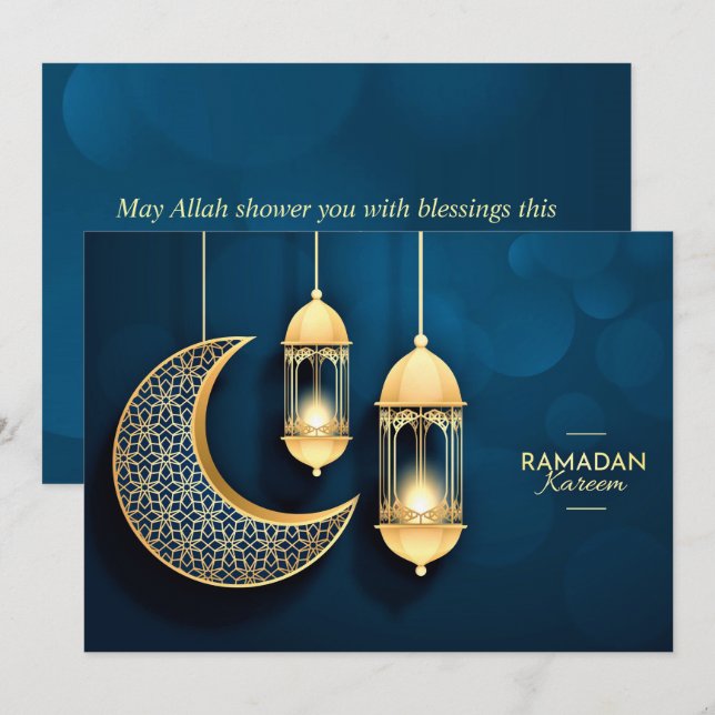 Tarjeta Festiva Ramadan Kareem Creciente de Oro y linterna (Anverso / Reverso)