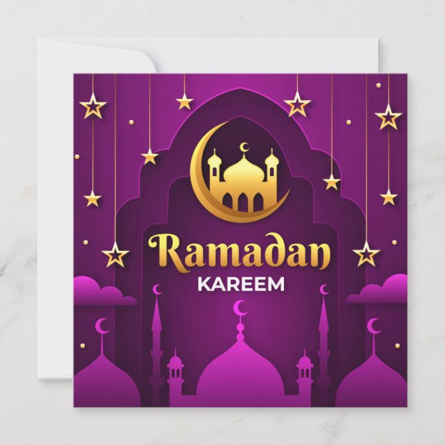 Tarjeta Festiva Ramadan Kareem | Media luna de oro y mezquita (Anverso)